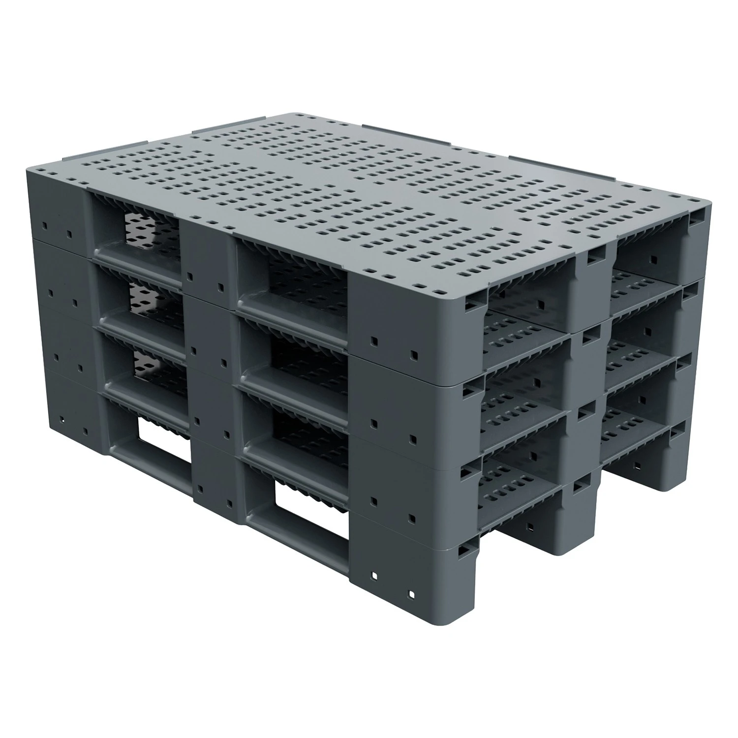 Пластиковый паллет 1200x800x150 мм iPlast серый перфорированный на 3 полозьях с бортиком 8-000000040
