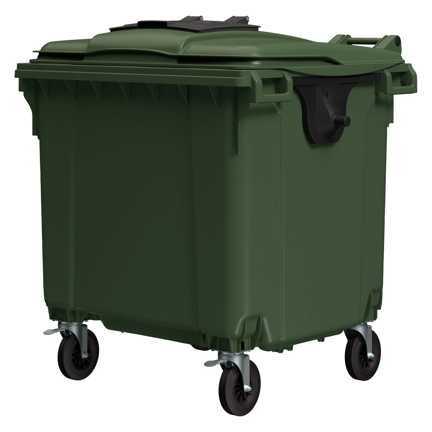 Мусорный контейнер 1100 л iPlast зелёный 4-колёсный с зелёной крышкой и тёмно-серой мини-крышкой 8-000000318