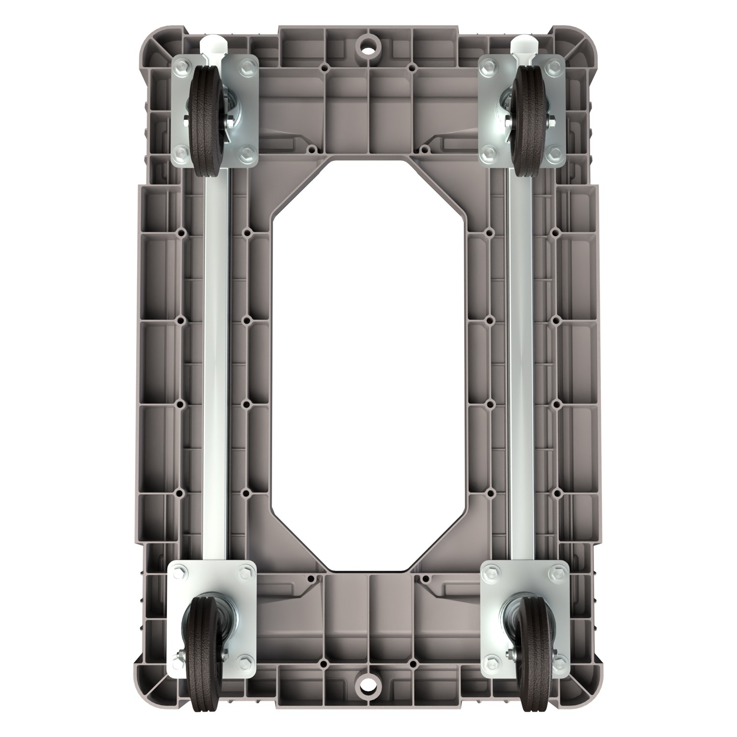 Складская тележка 620х420х185 мм iPlast серая 4-колёсная (2 колеса с тормозом) с отверст. и 2 трубами усил. 8-000000419