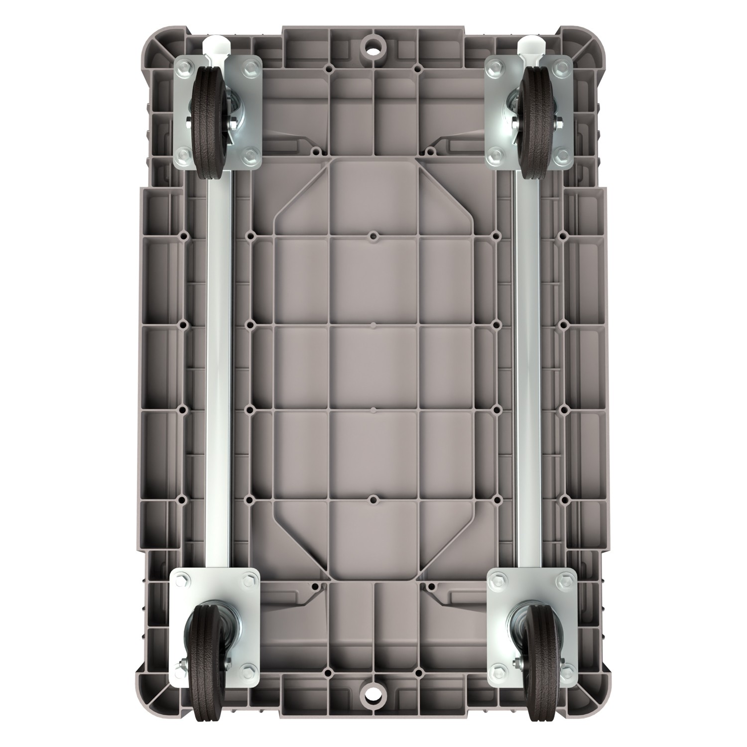 Складская тележка 620х420х185 мм iPlast серая 4-колёсная (2 колеса с тормозом) с 2 трубами усиления 8-000000420